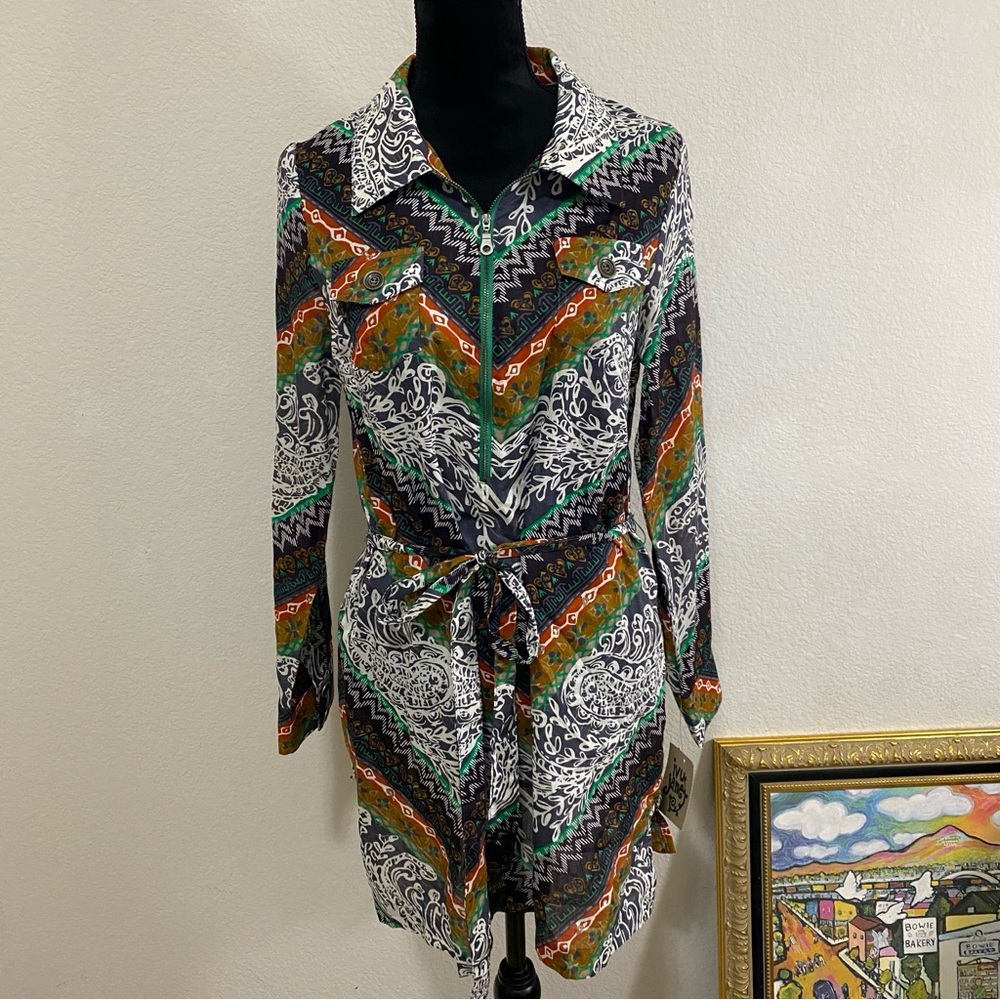 NWT Ivy Jane Multicolor Patterned Shirt Dress, Zip Front, Belted, Boho MSRP $128